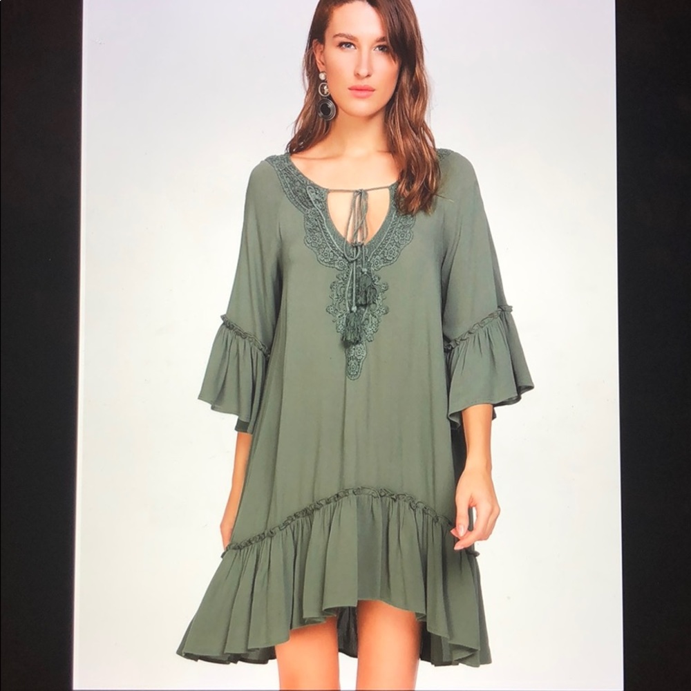 SHEIN Crochet Trim Tassel Tie Neck Dress